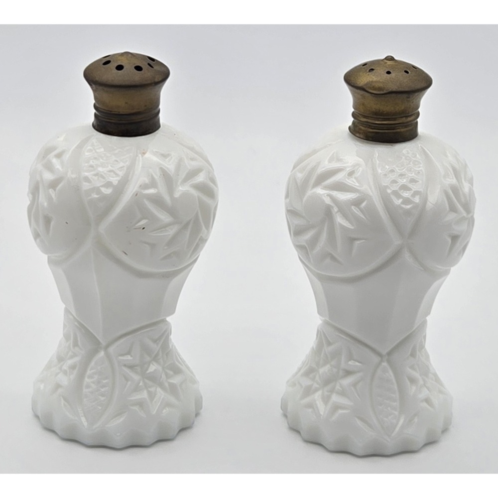 Vintage Milk Glass Salt Pepper Shakers Pair Starburst Pinwheel Brass Top MCM